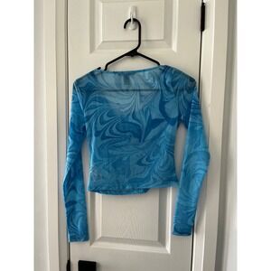 Forever‎ 21 Blue Swirl Mesh Long Sleeve Crop Top Women's Small Y2K Ocean Sheer